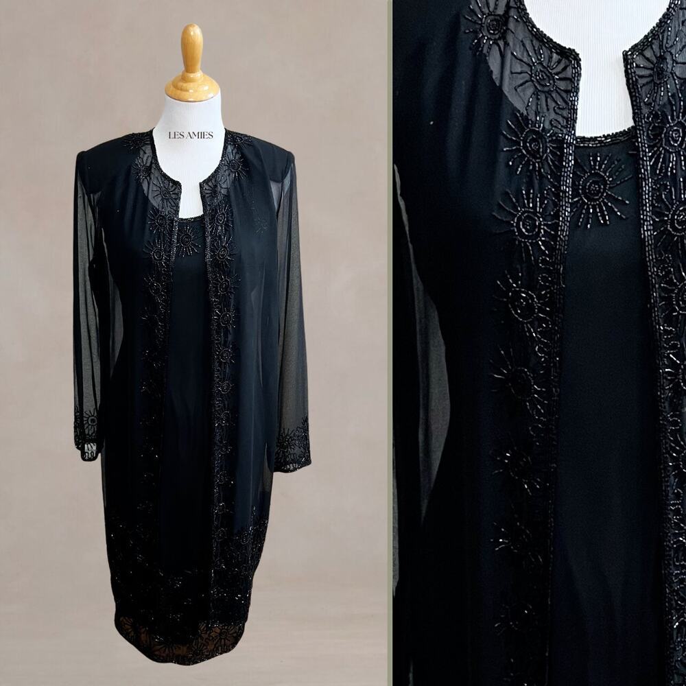 Vintage 90s NWT JKara Black Beaded Cocktail Dress and Sheer Embellished Jacket 8